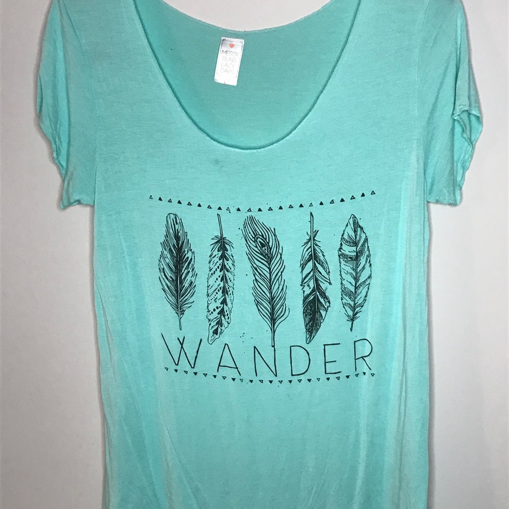 Messy Buns Lazy Days feather aqua t-shirt
